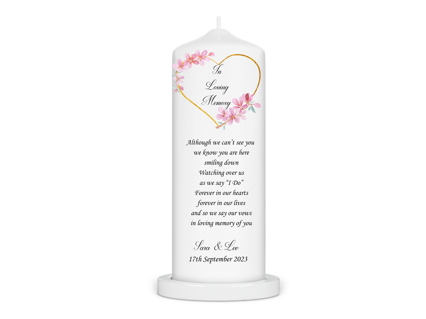 Personalised Wedding Unity Candle - Gold Heart Pink Flowers