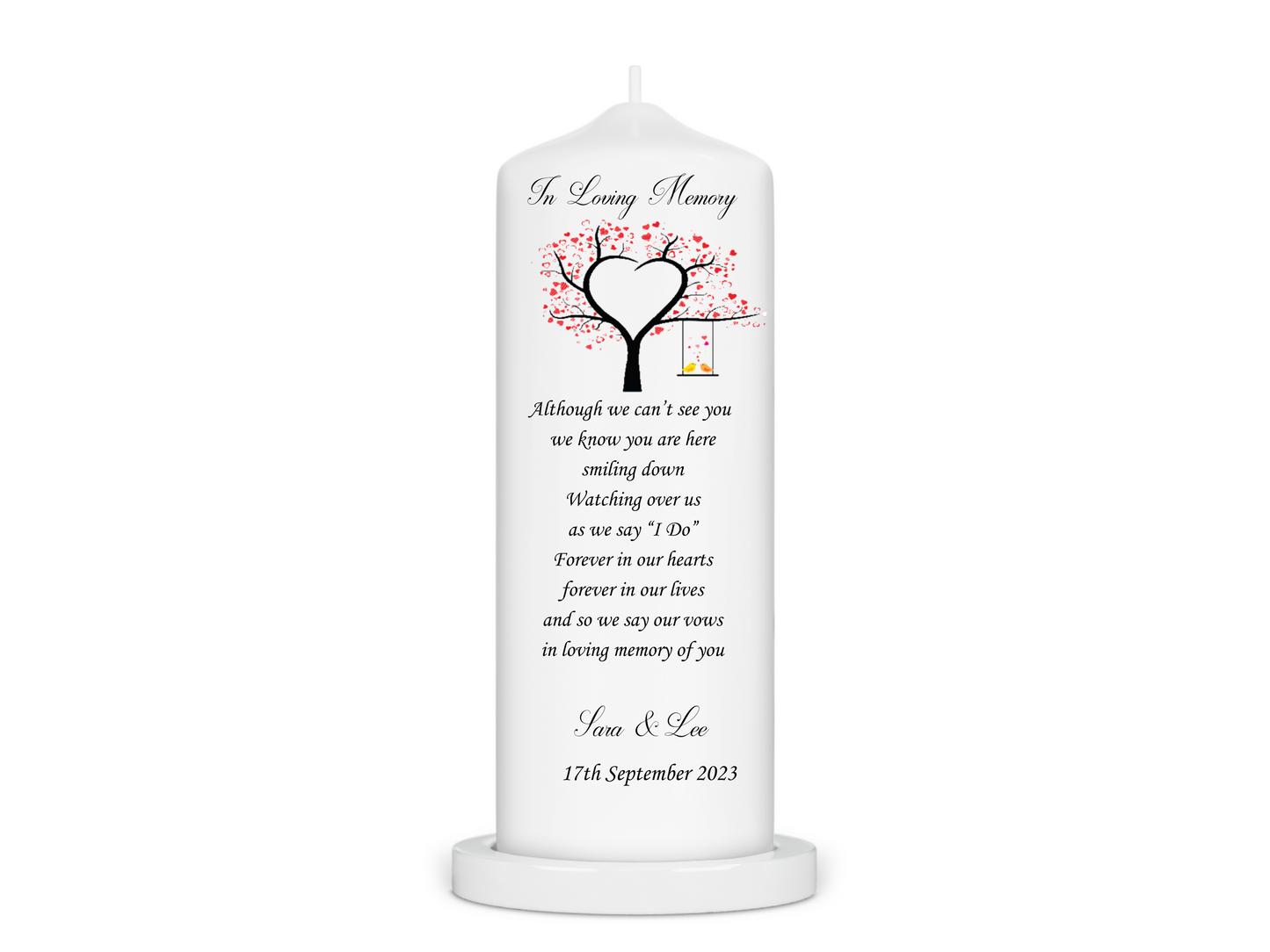 Personalised Wedding Unity Candle -Love bIrds Swinging on Heart Tree