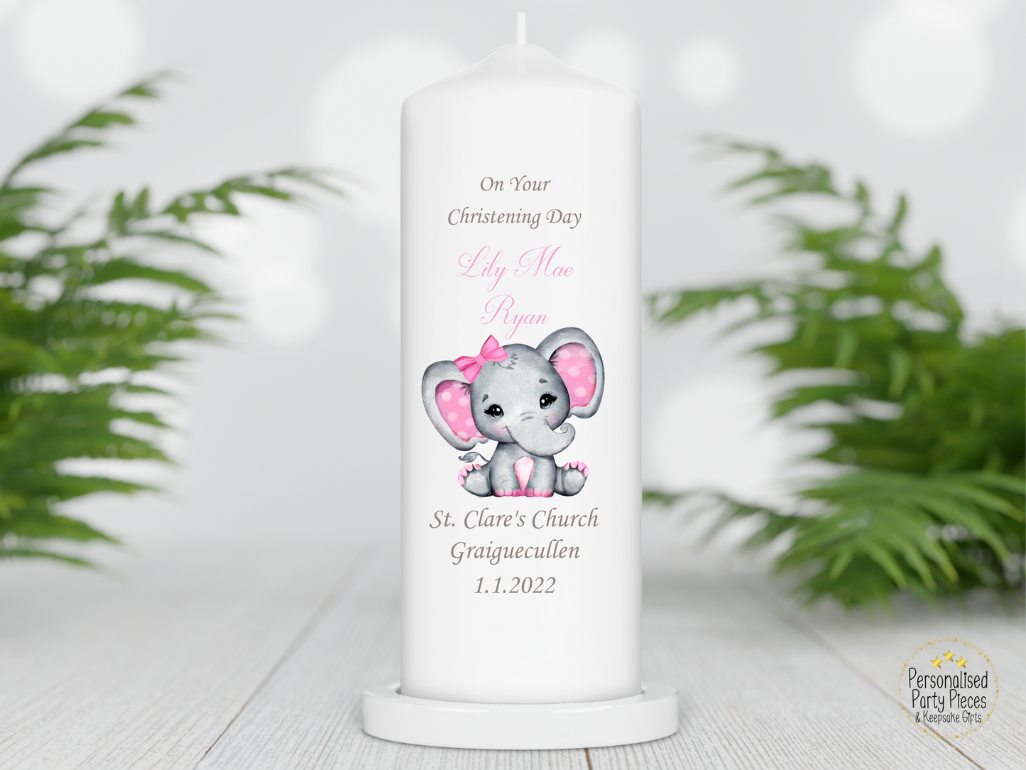 Personalised Christening candle | Personalised Baptism candle | Naming Day Candle| Pink Elephant