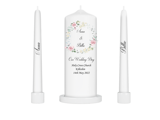 Personalised Wedding Unity Candle - Pink Floral Wreath