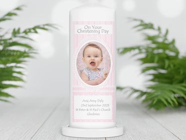 Personalised Christening candle | Personalised Baptism candle | Naming Day Candle |Pink Pinstripe